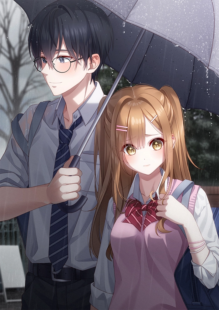 Ảnh anime cặp đôi học sinh dưới mưa