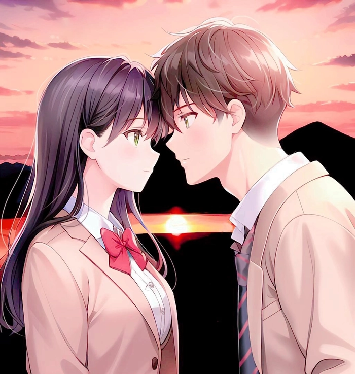Ảnh anime cặp đôi học sinh ngắm hoàng hôn