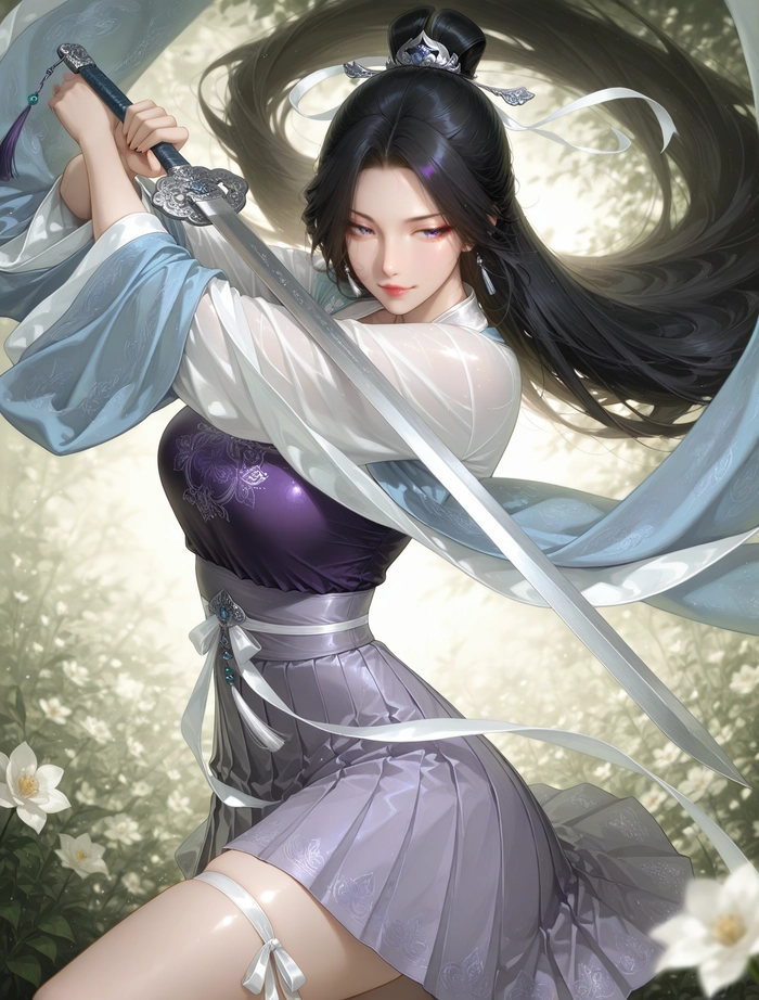 Hình ảnh anime nữ cổ trang cầm kiếm mạnh mẽ