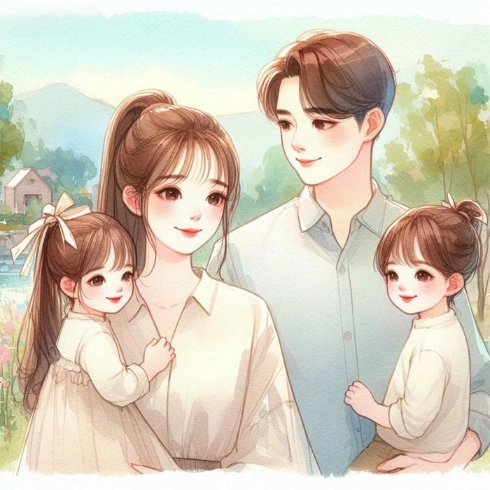 Ảnh chibi gia đình 4 người dễ thương