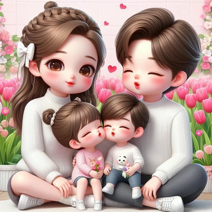 Ảnh gia đình 5 người hoạt hình vui nhộn