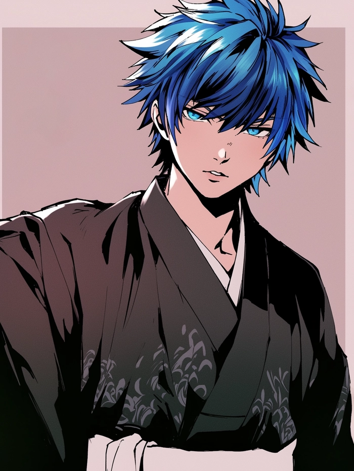 Anime boy tóc xanh dương mạnh mẽ