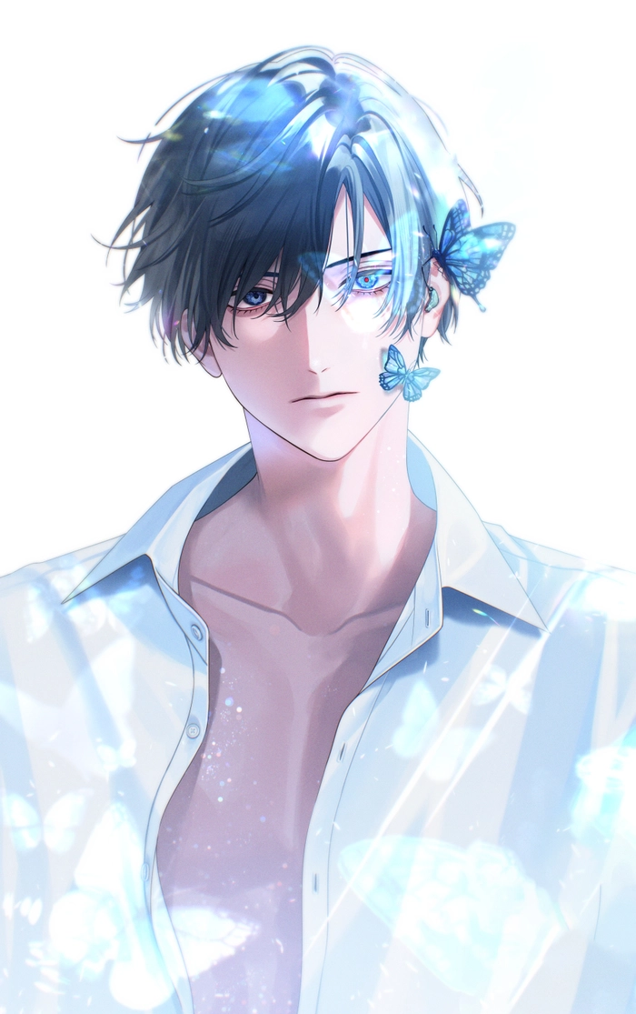 Anime boy tóc xanh dương quyến rũ