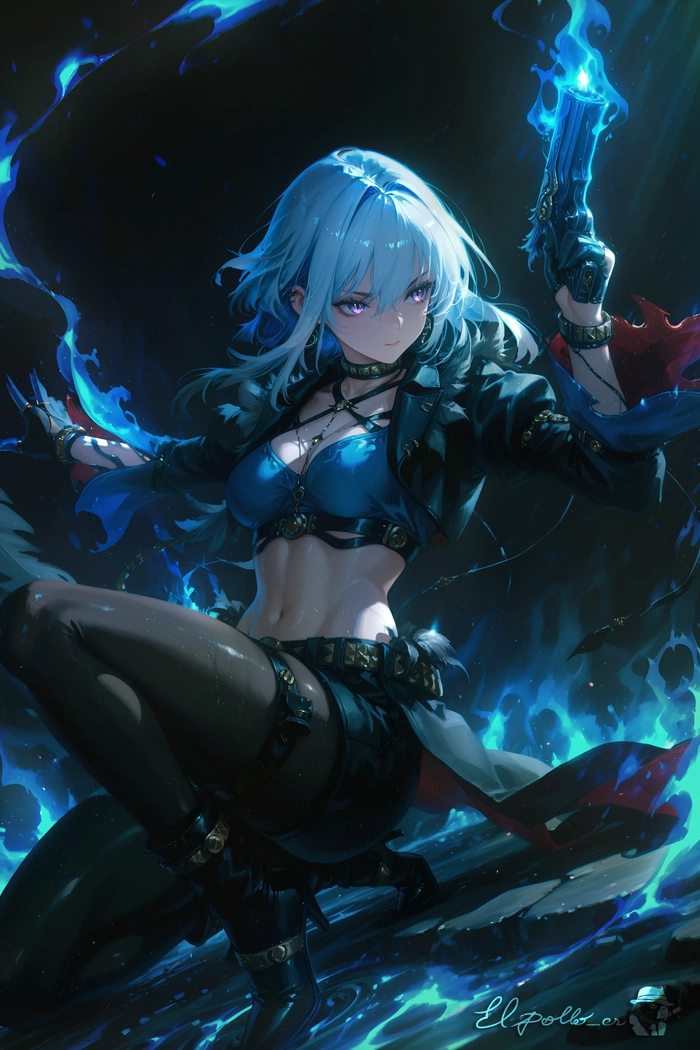 Anime girl tóc xanh dương lạnh lùng bí ẩn