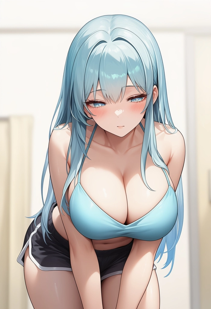 Anime girl tóc xanh dương lạnh lùng quyến rũ