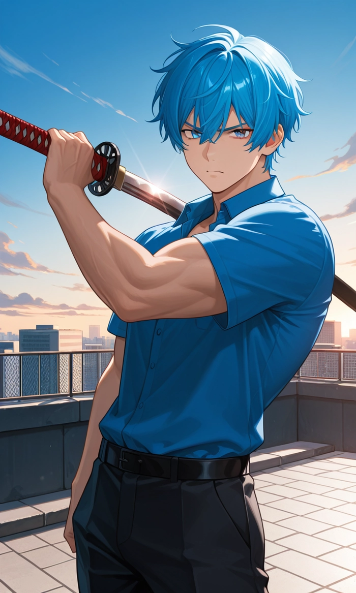 Hình nhân vật anime tóc xanh dương cool